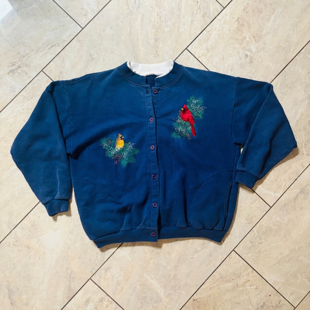 Vintage 90s Cardinal Bird Button Front Sweatshirt Navy Blue Jacket